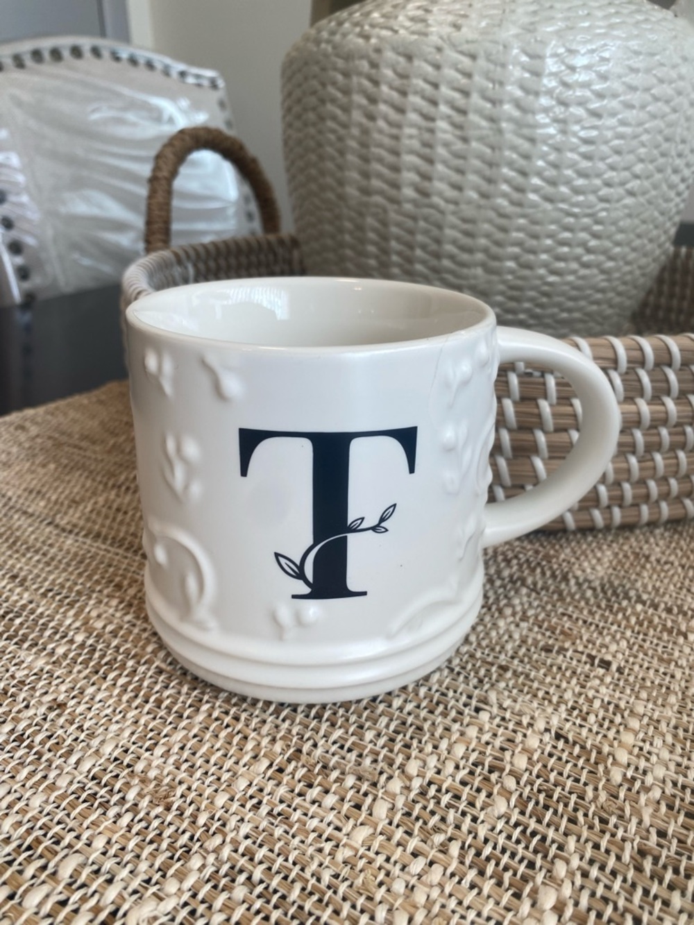 White Ceramic Mug with Black 'T' Monogram - Home Dining
